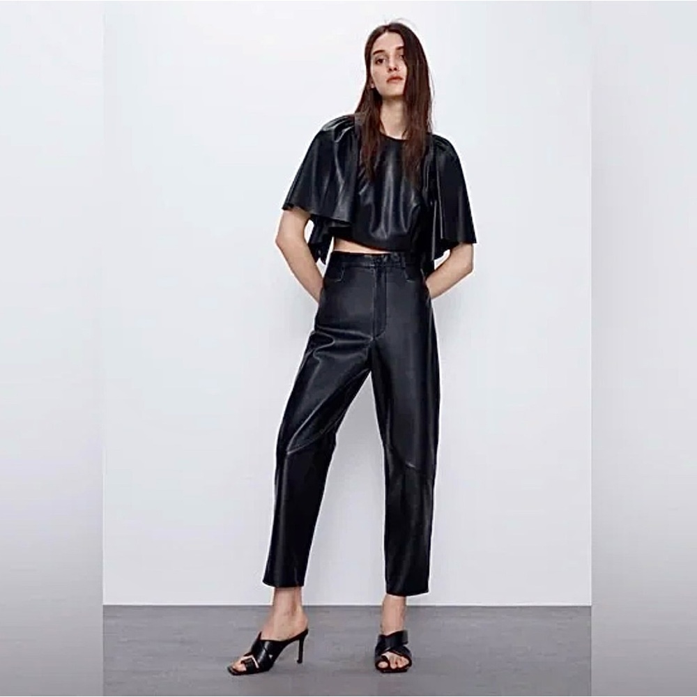 NWT - Zara Genuine Leather High Waist Pants - Black - Size Small